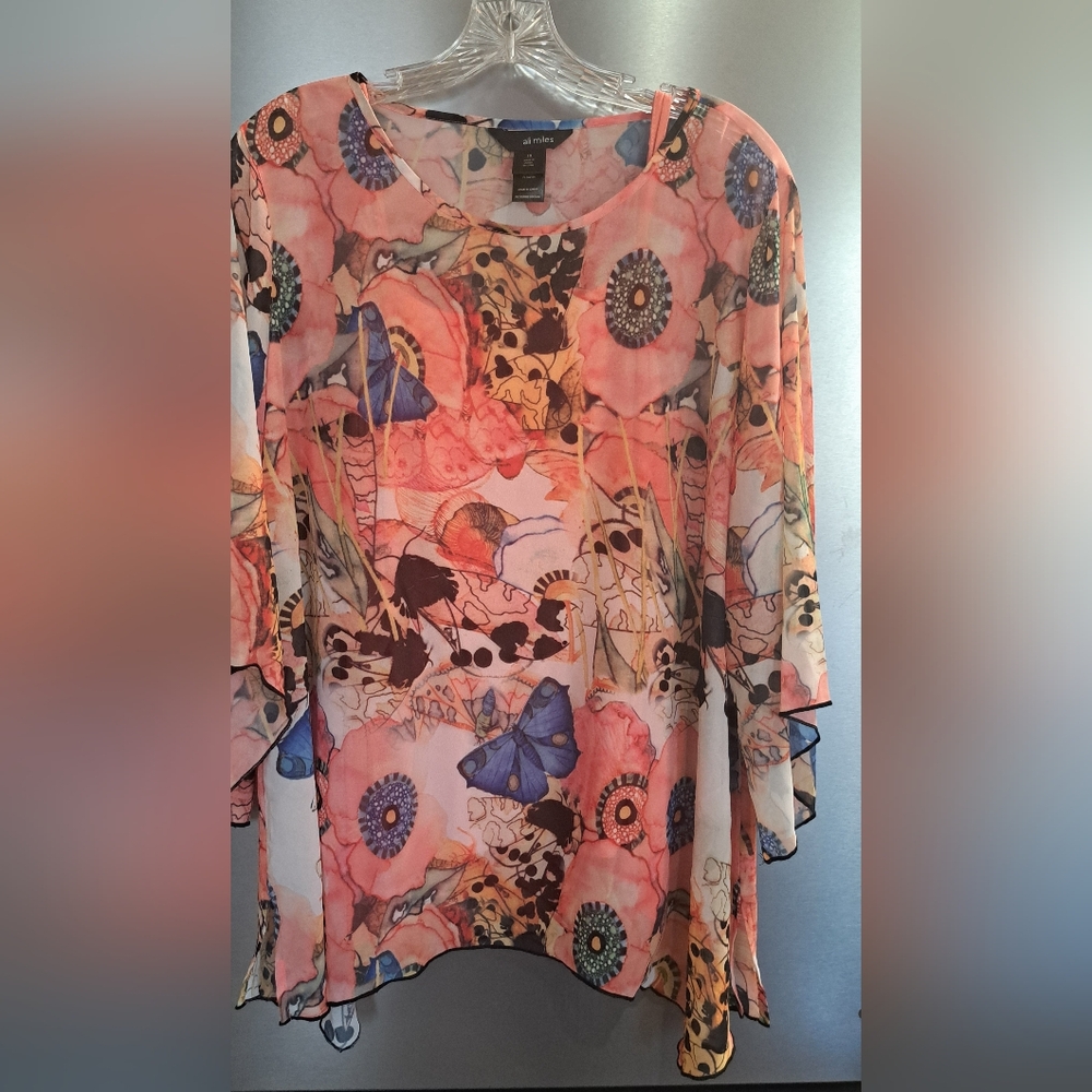 Ali Miles Chiffon Sheer Tunic Top W/ Solid Tank Coral Floral Butterfly Sz 1X $94